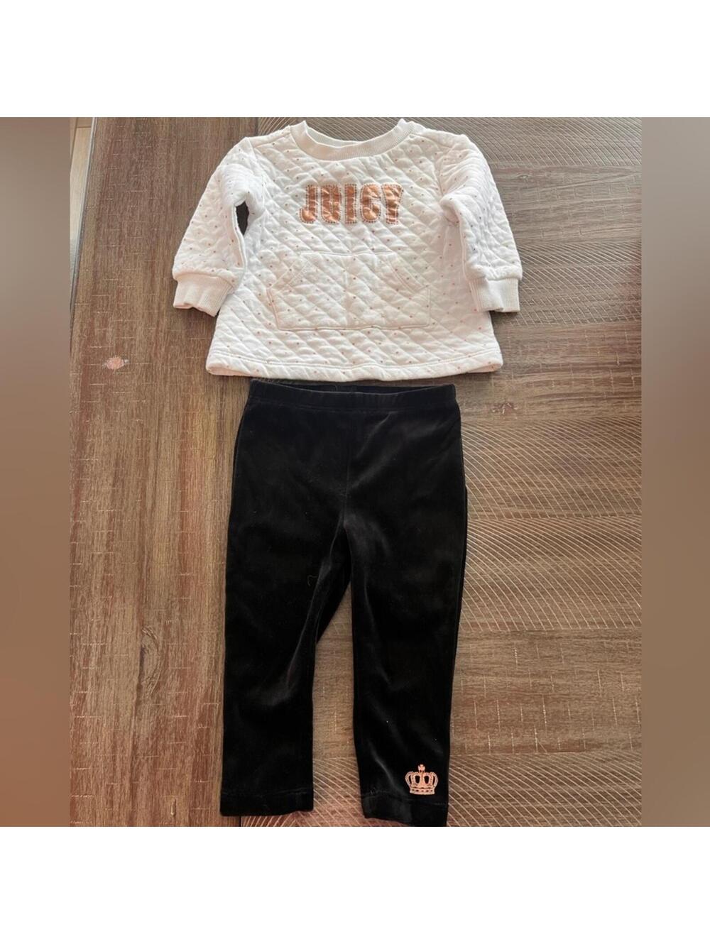 Juicy Couture Baby Girl 12M Black Velour Leggings and Cream Quilted Long Sleeve